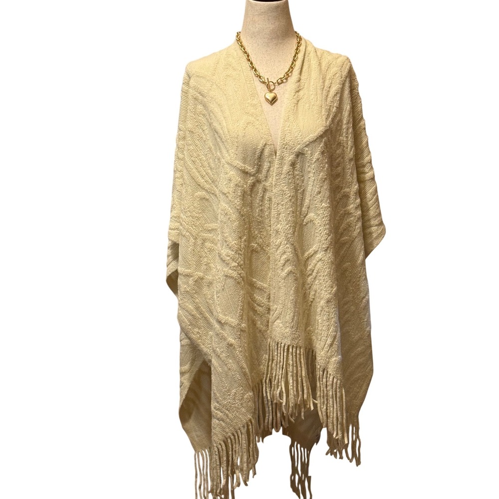 Melrose and Market Ivory Pearl Cable Knit Fringed Poncho Wrap‎ One Size NEW